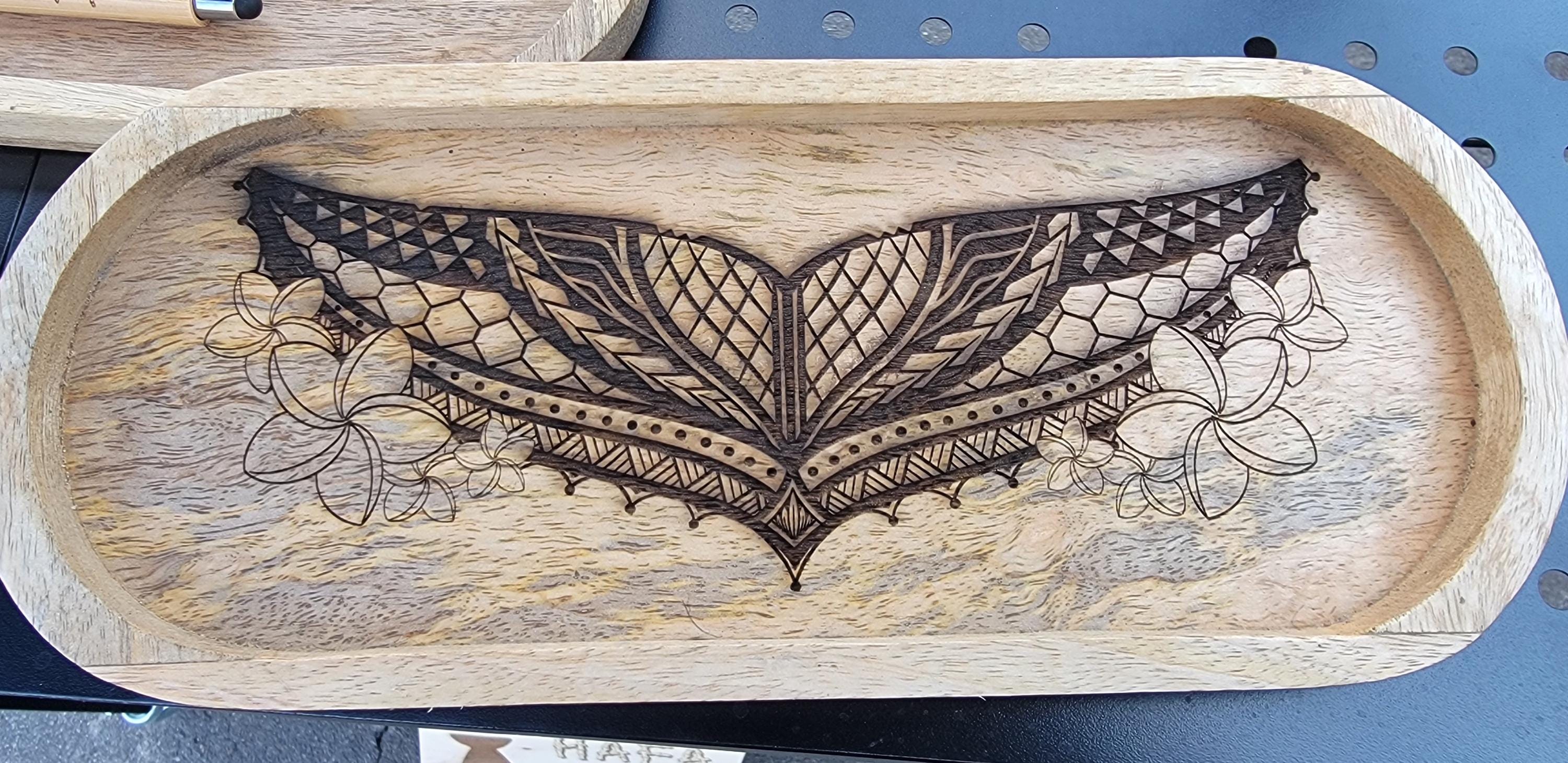 Laser Engraved Mango Wood Tray: Island Tribal Art Jewelry Dish
