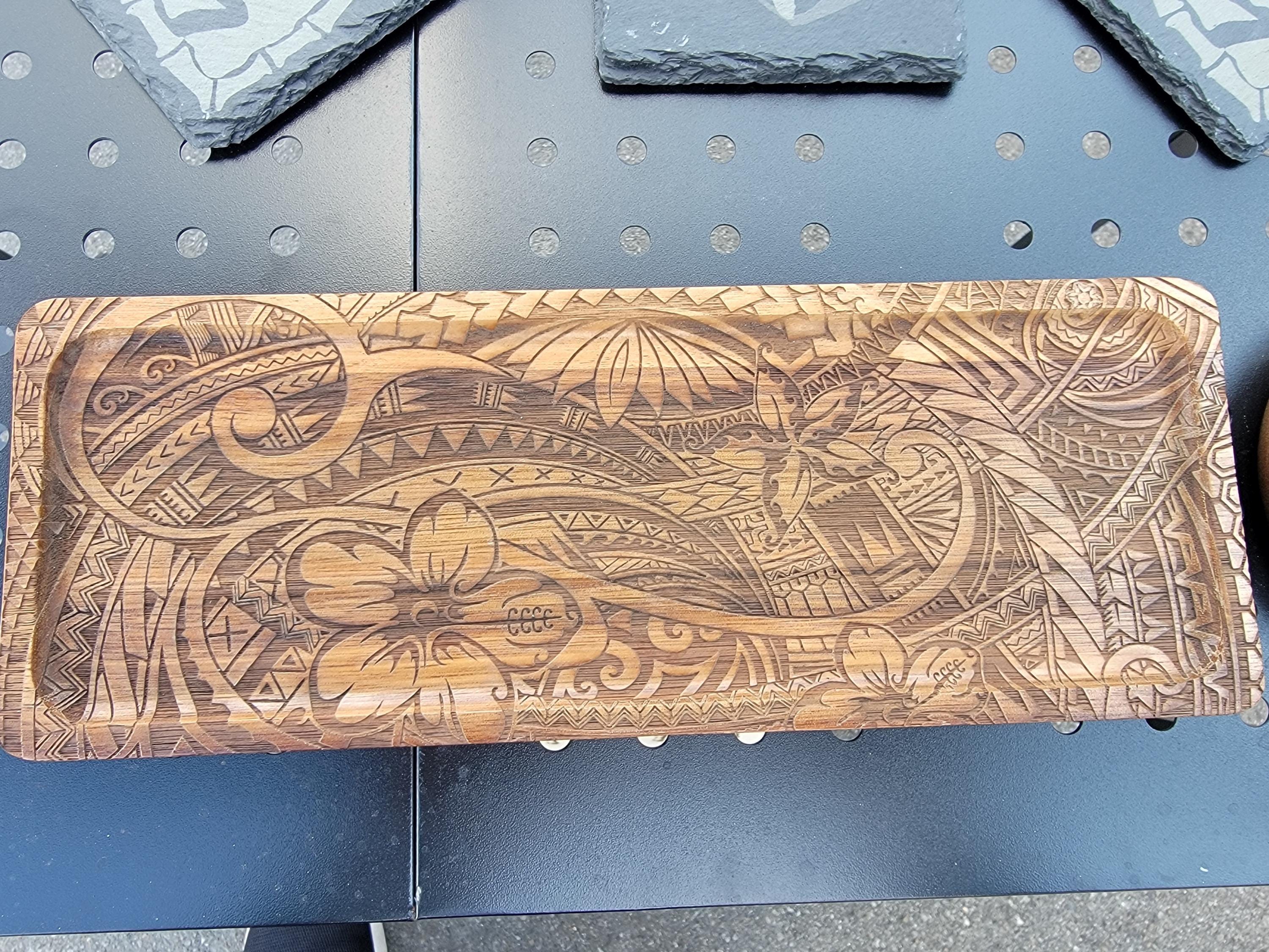 Laser Engraved Mango Wood Tray: Island Tribal Art Jewelry Dish