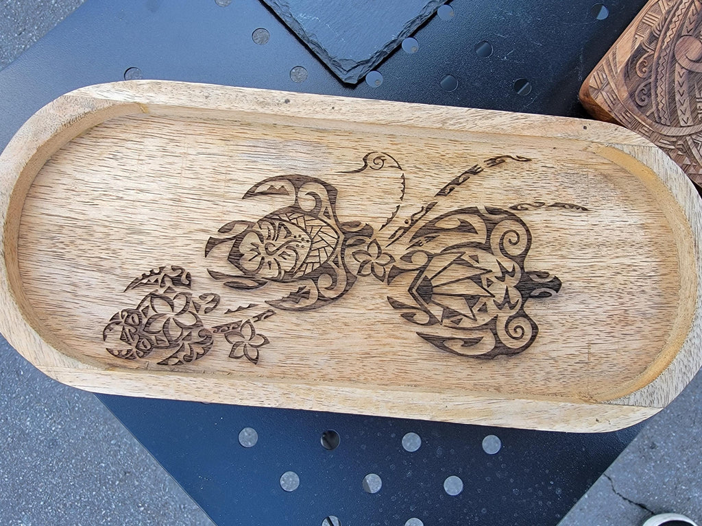 Laser Engraved Mango Wood Tray: Island Tribal Art Jewelry Dish